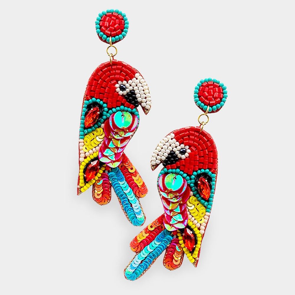 Felt Back Sequin Beaded Parrot Dangle Earrings